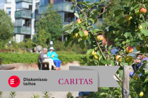 2 people sitting on a bench outside Caritaslaiset's centre with Diakonissalaitos and Caritaslaiset logos at the bottom